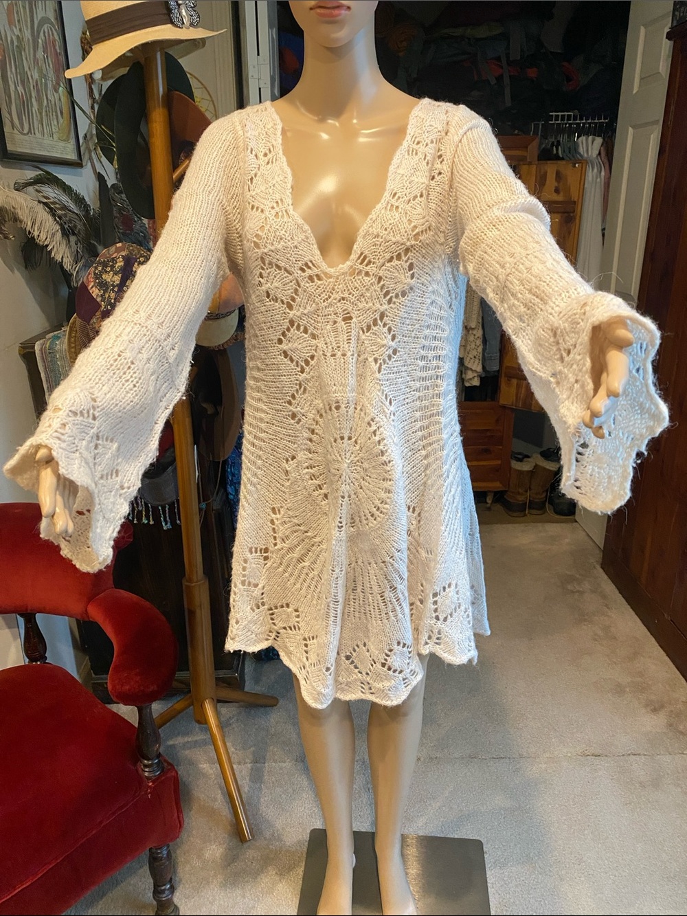 Free People Cream Crochet Knit Tunic Sweater